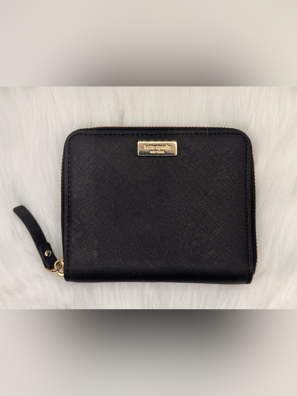 Kate Spade Black Zip-Around Wallet with Gold Plaque